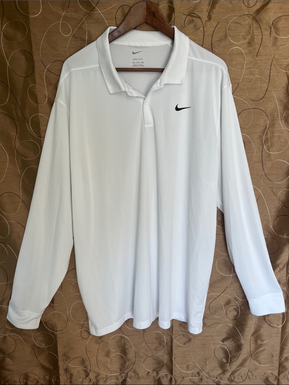 Nike Dri-FIT Long Sleeve Polo Shirt White Golf Performance Men's XXL 2XL